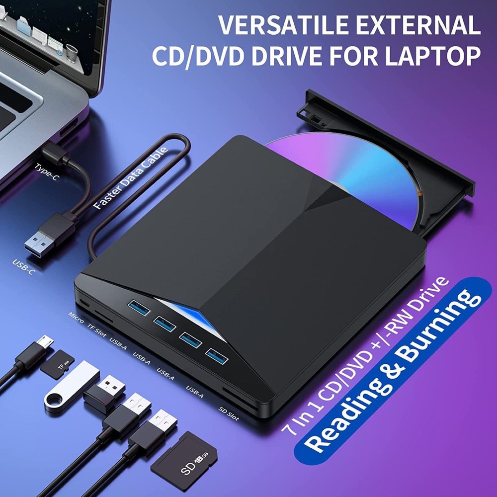 External CD DVD Drive for Windows 11 10 PC Laptop Burner Reader Writer USB 3.0