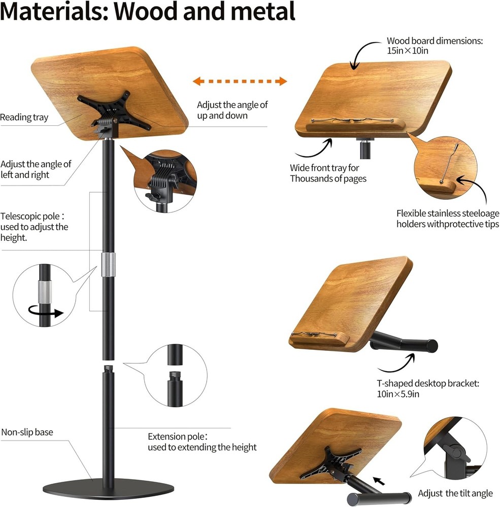 2-in-1 Dual-use Floor & Desktop Book Stand 100% Solid Wood Height Adjustable