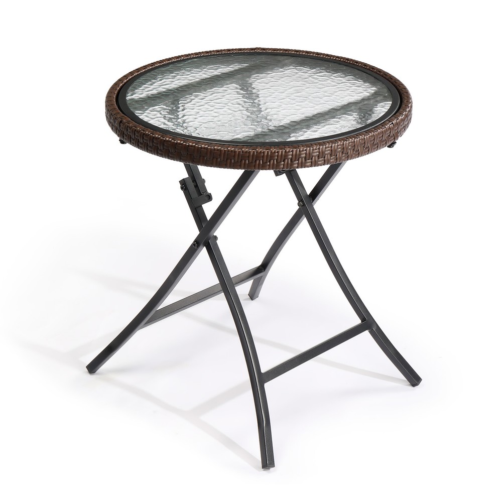 Round Rattan Side Table Foldable Wicker Table with Tempered Glass Table Top