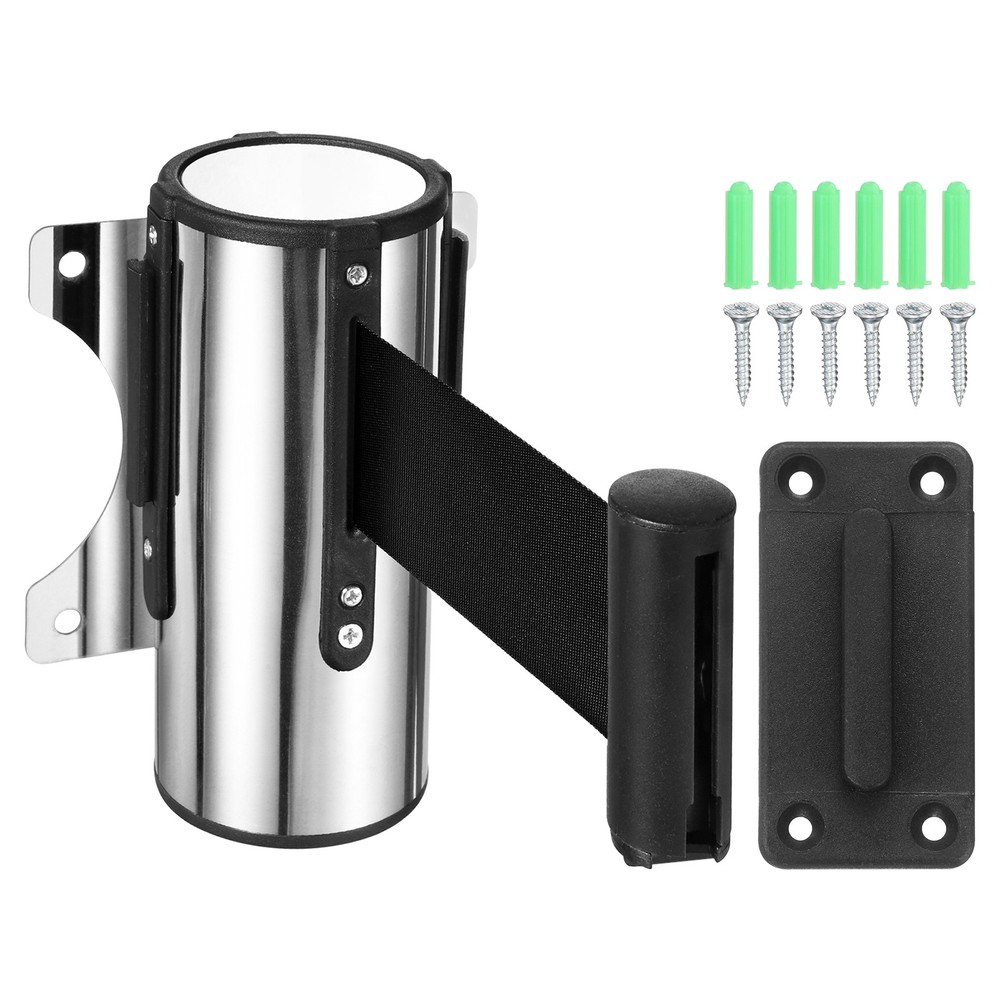 9.8 Foot Fixed Wall Mount Retractable Belt Barrier Set, Black / White