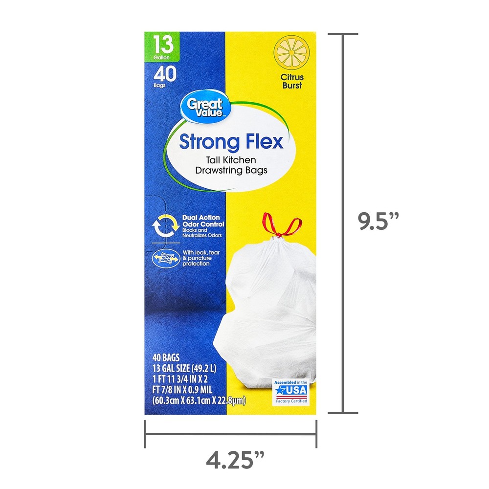 Strong Flex 13-Gallon Drawstring Tall Kitchen Trash Bags, Citrus Burst, 40 Count