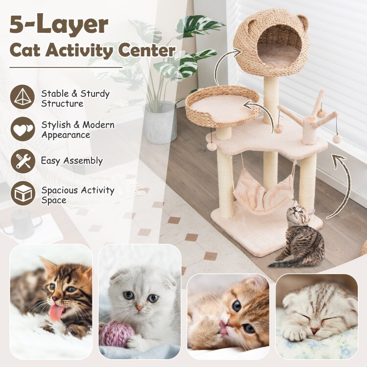 Cat Tree Cat Tower Scratching Post Cat Condo w/Hammock & Rotatable Hanging Balls