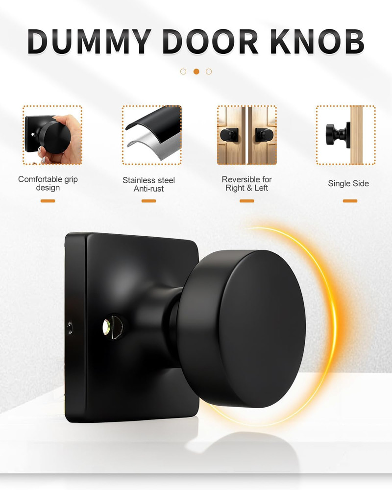 Keyless Closet & Hallway Classic Dummy Door Knobs 4 Pack, Non-Turning Matte Blac
