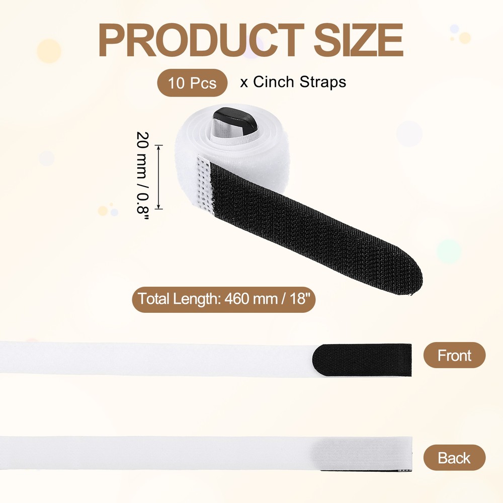 10pcs Reusable Cinch Straps 0.8"x18" Hook and Loop Cable Securing Straps, White