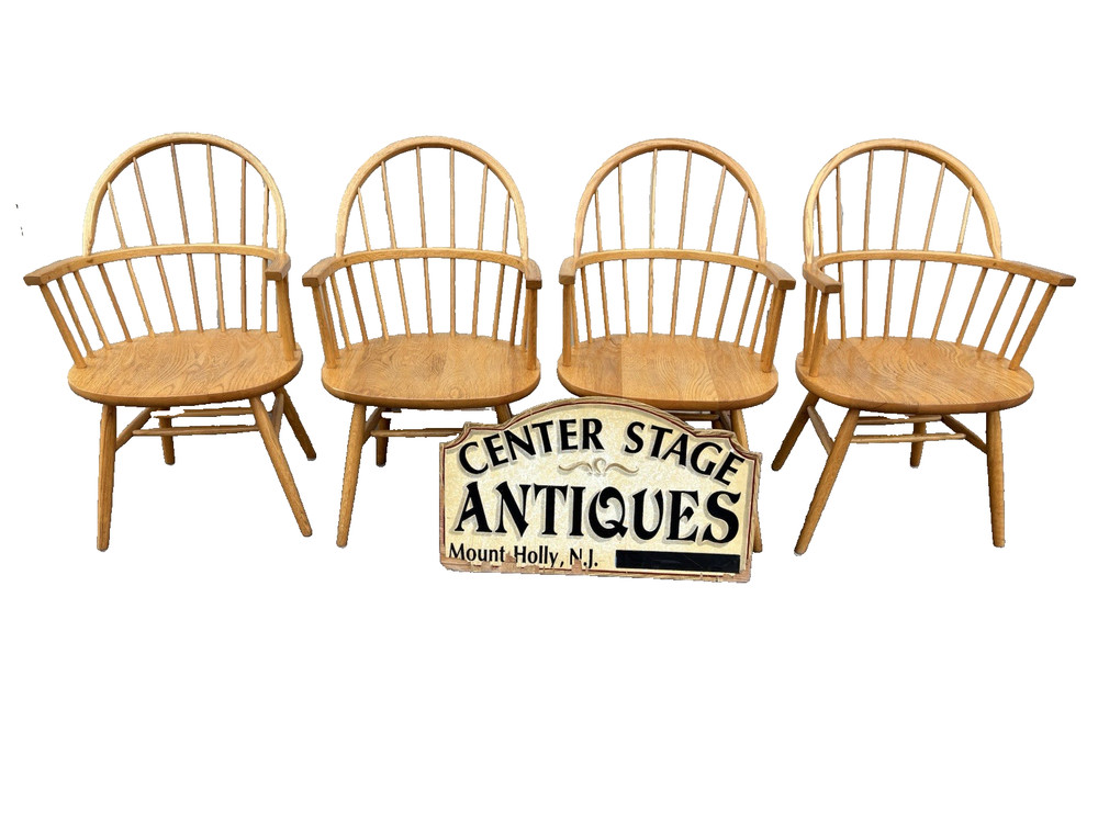 67248 Set 4 Solid Oak Windsor Dining Armchairs Chair s