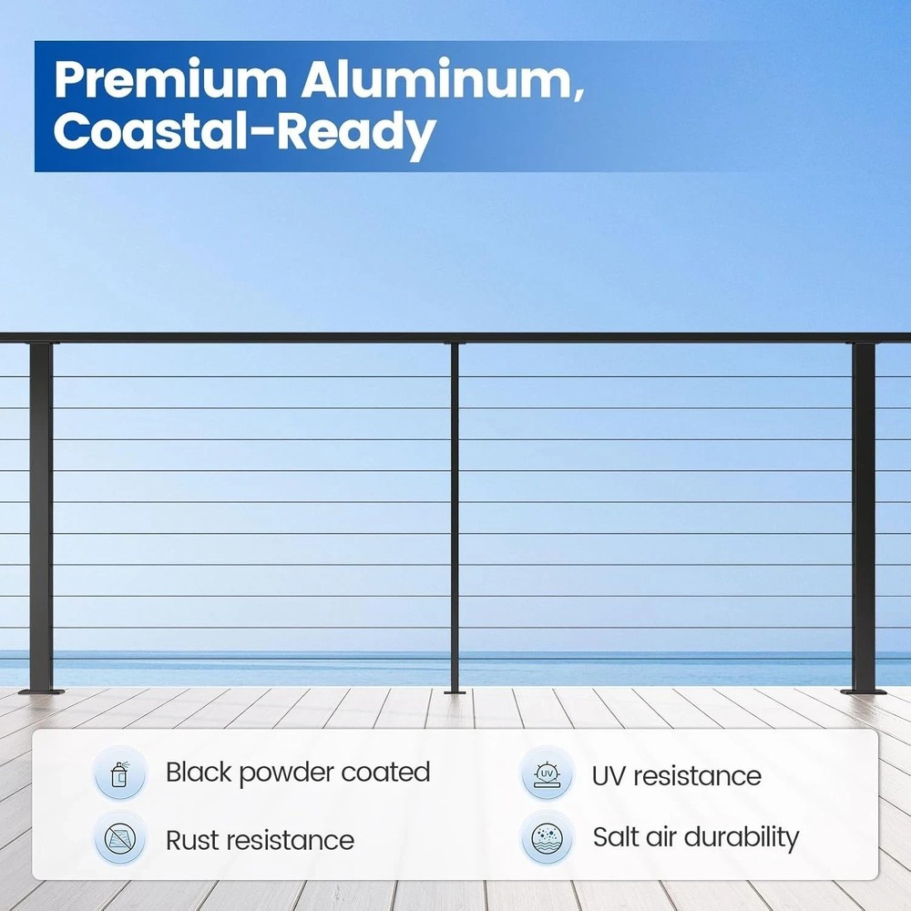 Black Aluminum Intermediate Cable Railing Post 36" Surface Mount w/ Flat Bracket