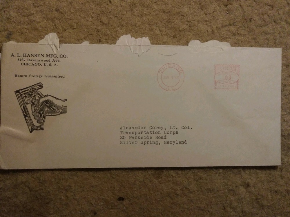A.L. Hansen Manufacturing bundle with 2 typed letters, tacker and envelope 1943