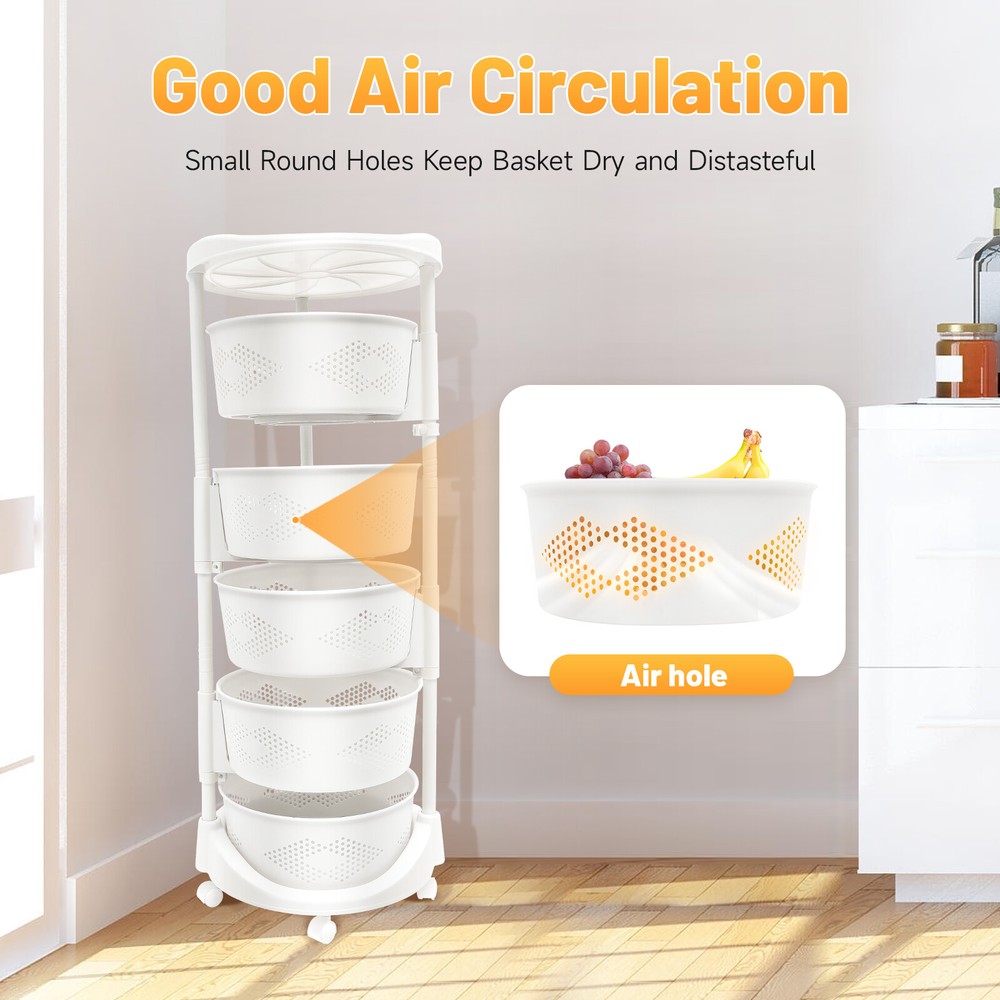 5-Tier Rotating Storage Shelf Kitchen Fruit Storage Basket Rack w/ Wheel