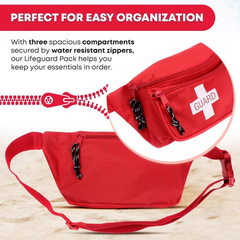 Red Waist Pack First Aid Gear With Three Zippered Compartments Adjustable Strap