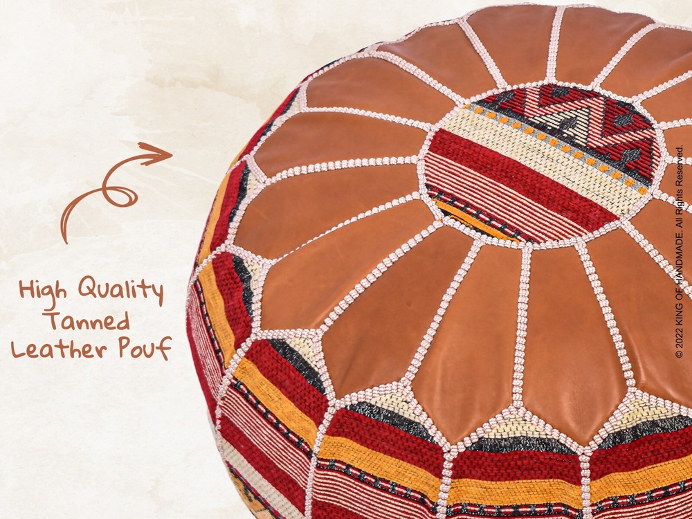 Moroccan Handmade Genuine Leather Boho Pouf Ottoman Footstool Pouffe TAN