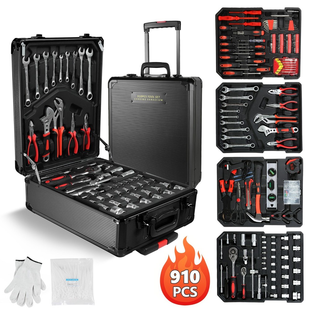 910-Pc Pro Tool Set w/4-Drawer Rolling Case - Complete Home & Auto Kit, Black