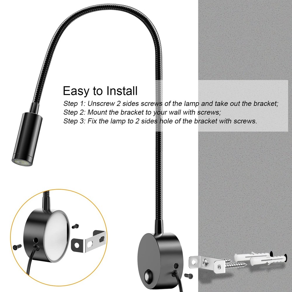 Wall Mounted LED Reading Light, 15" Flexible Gooseneck, Dimmable Book Light
