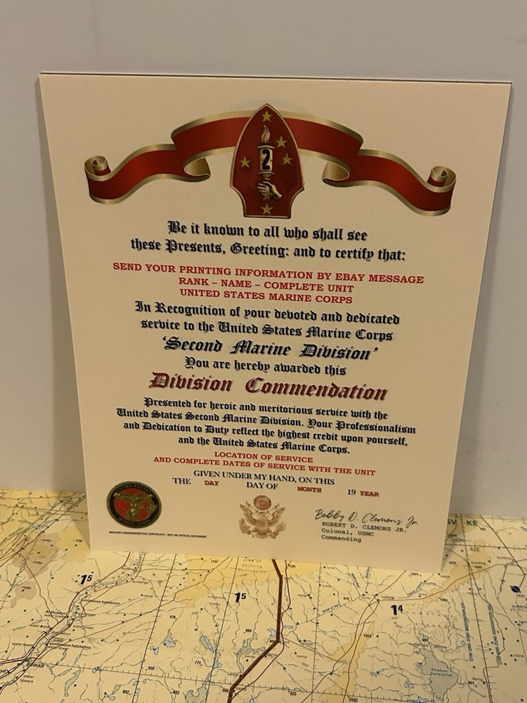 U.S.M.C. / 2ND MARINE DIVISION ~ DIVISION COMMENDATION REPLACEMENT CERTIFICATE
