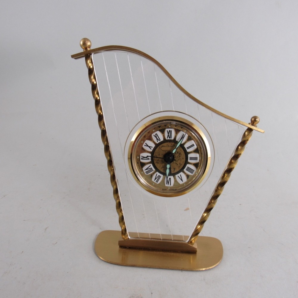 Brass Harp Shaped Quartz Alarm Clock West Germany