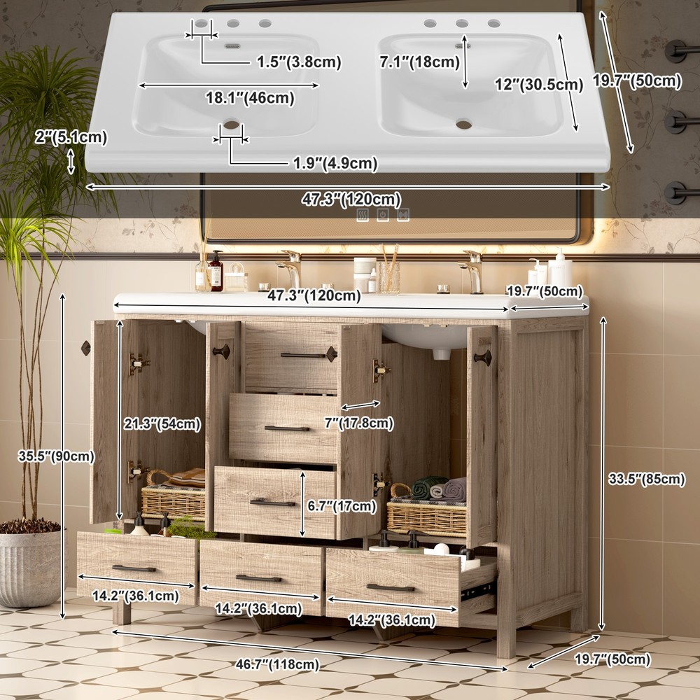 Premium Double Sink Vanity Combo with Two Ceramic Basins & Multi Layer Storage