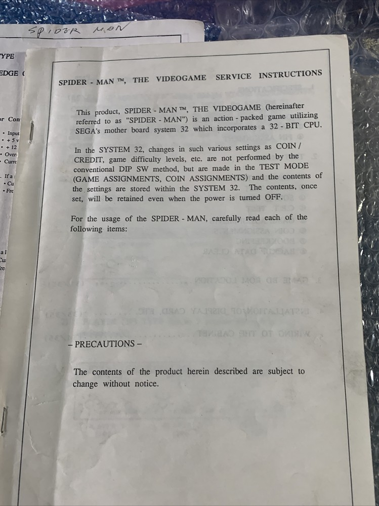 Original Missing Cover Spiderman Sega arcade video game manual