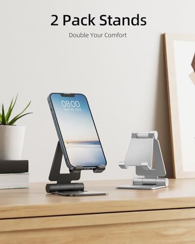 2 Pack Dual Folding Cell Phone Stand, Fully Adjustable A-Black & Silver