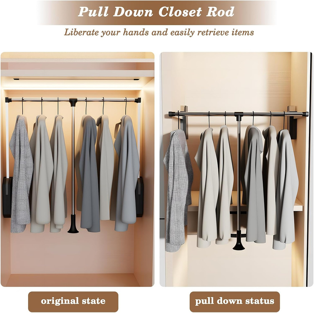 Adjustable Stainless Steel Pull Down Closet Rod, 60 Lbs Capacity, 35"-48