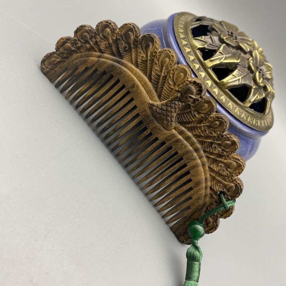 Wooden Comb Agarwood Old Material Peacock Open Screen Comb Hand Handle
