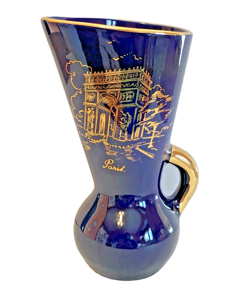 Wide Mouthed Handled Ceramic Blue Pitcher Paris