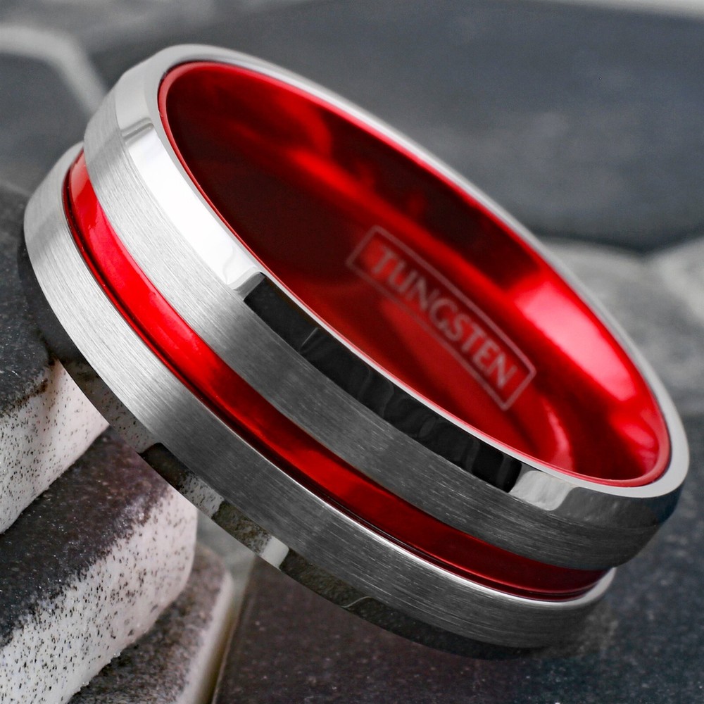 Tungsten Brushed Silver Thin Red Line Band Ring Firefighter First Responder