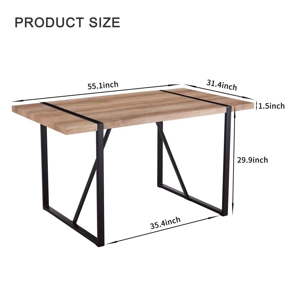 Rectangular dining table with a 1.5-inch thick wooden tabletop and metal legs
