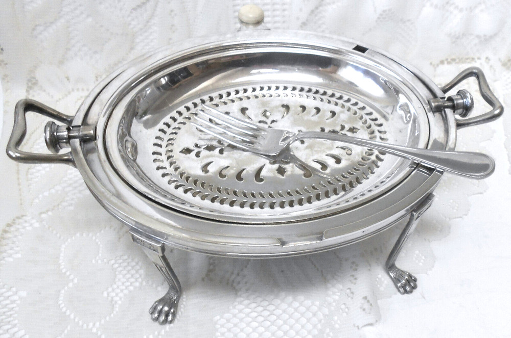 3Pc Atq SLV PLATE DOMED ROLL TOP BREAKFAST WARMER/SERVER w/TRAYS + SERVING FORK