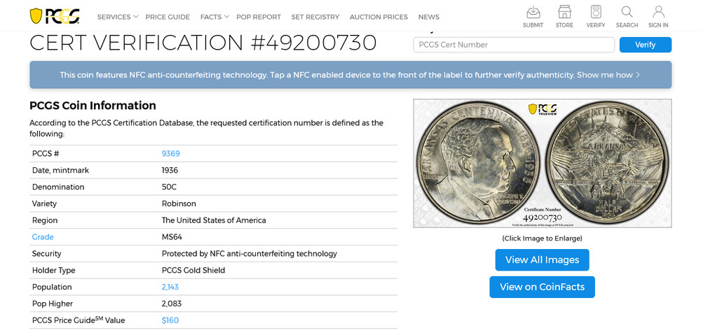 1936 Robinson / Arkansas Commemorative Half Dollar ~ PCGS ~ MS64