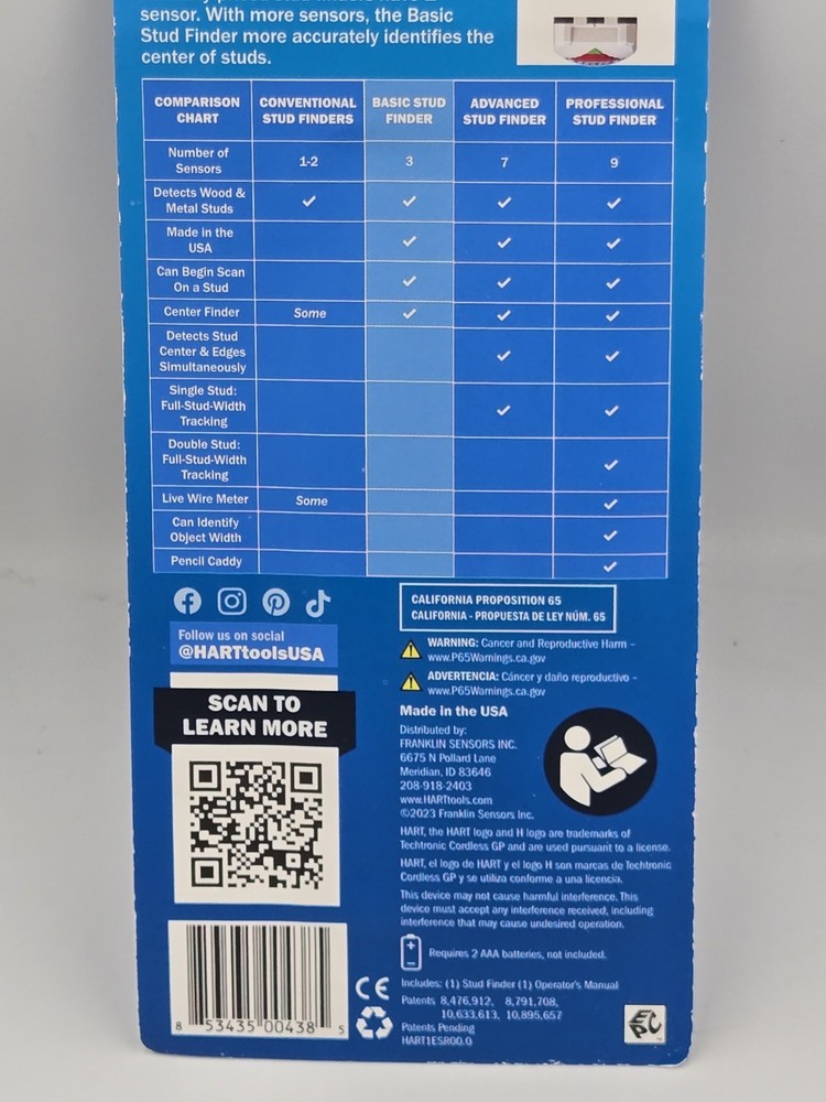 Hart Basic Stud Finder Center Detection 3 Sensors Accuracy Hart1BAS 1" Max Depth