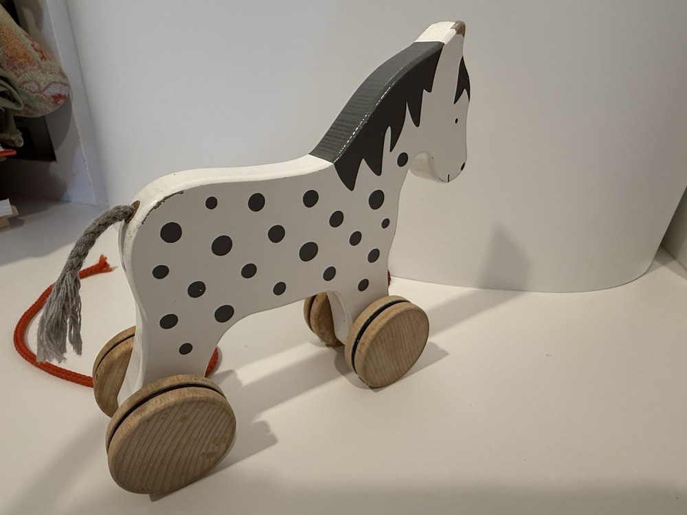 Vintage Goki Horse Pull Toy White With Black Mane And Spots Red Pull String