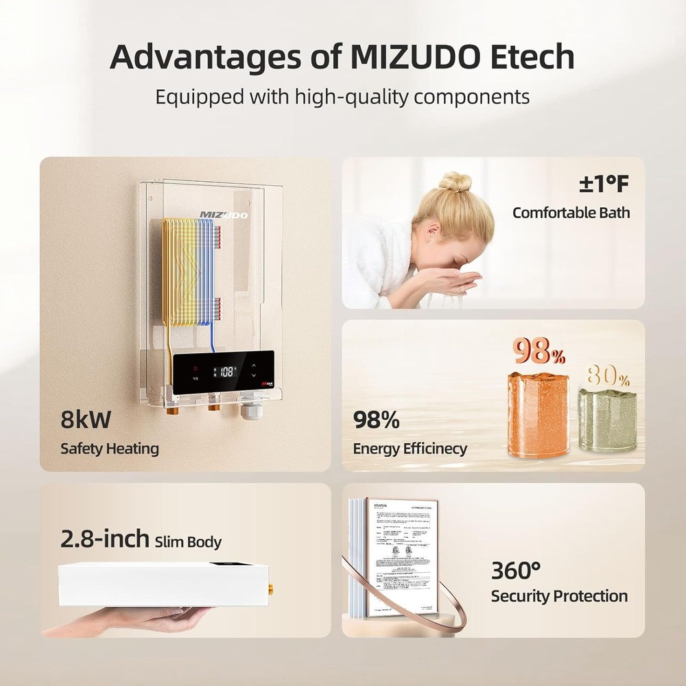 MIZUDO 8000W 240V Electric Tankless Water Heater LED Display Touch Control