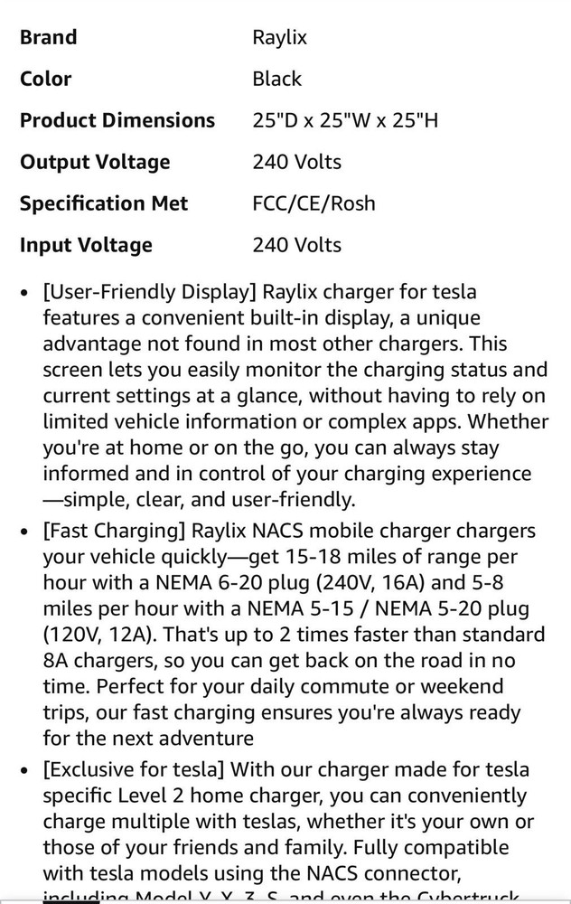 Raylix EV Portable Charger for Tesla