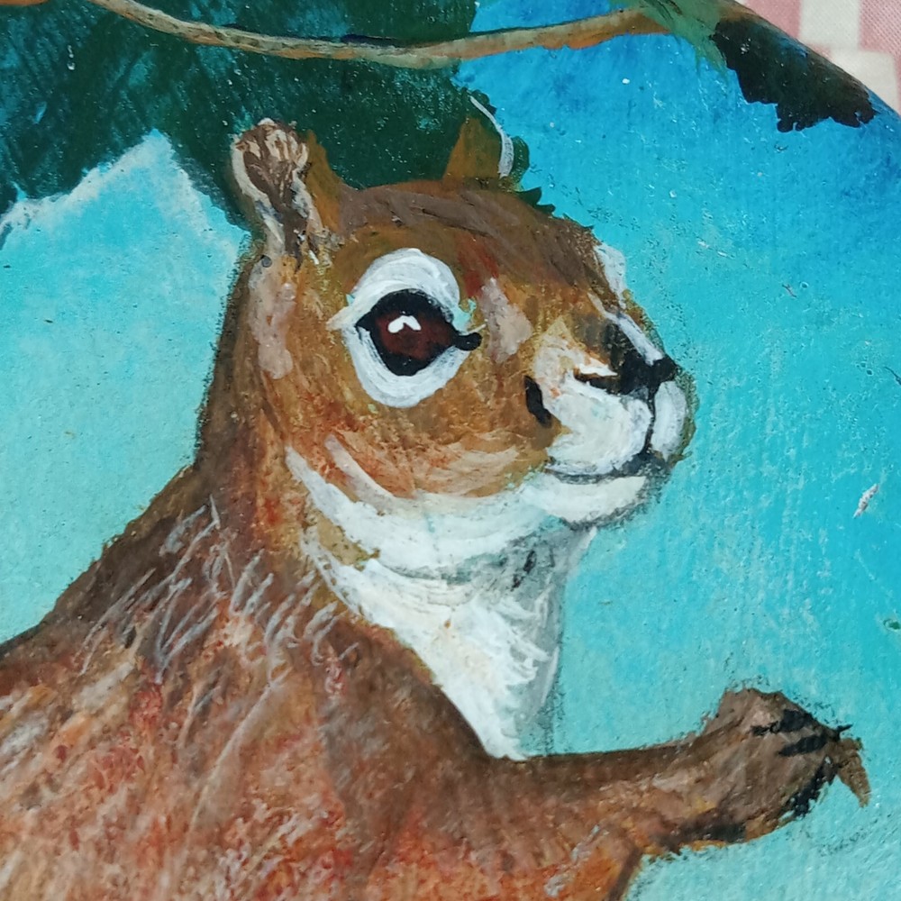 hand painted ROCK SQUIRREL ~5" X 5" COTTAGE CORE SIGNED ARTWORK