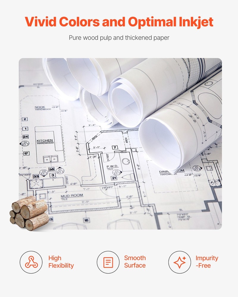 Wide Format Paper,24 inx150 ft Plotter Roll,8 Rolls CAD Bond Rolls w/2 in Core,2