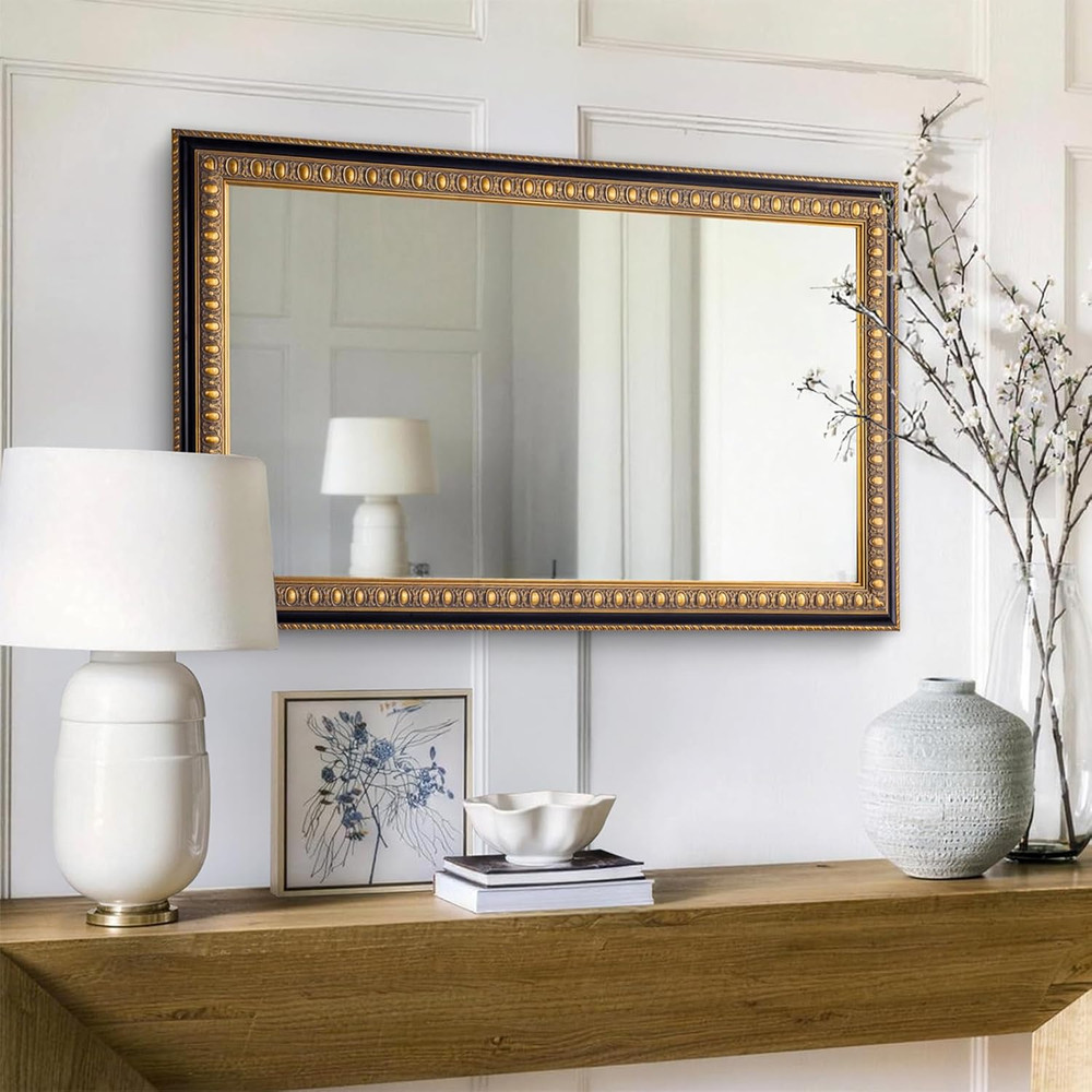 Baroque Vintage Gold Wall Mirror, 43" x 27" Decorative Rectangular Frame