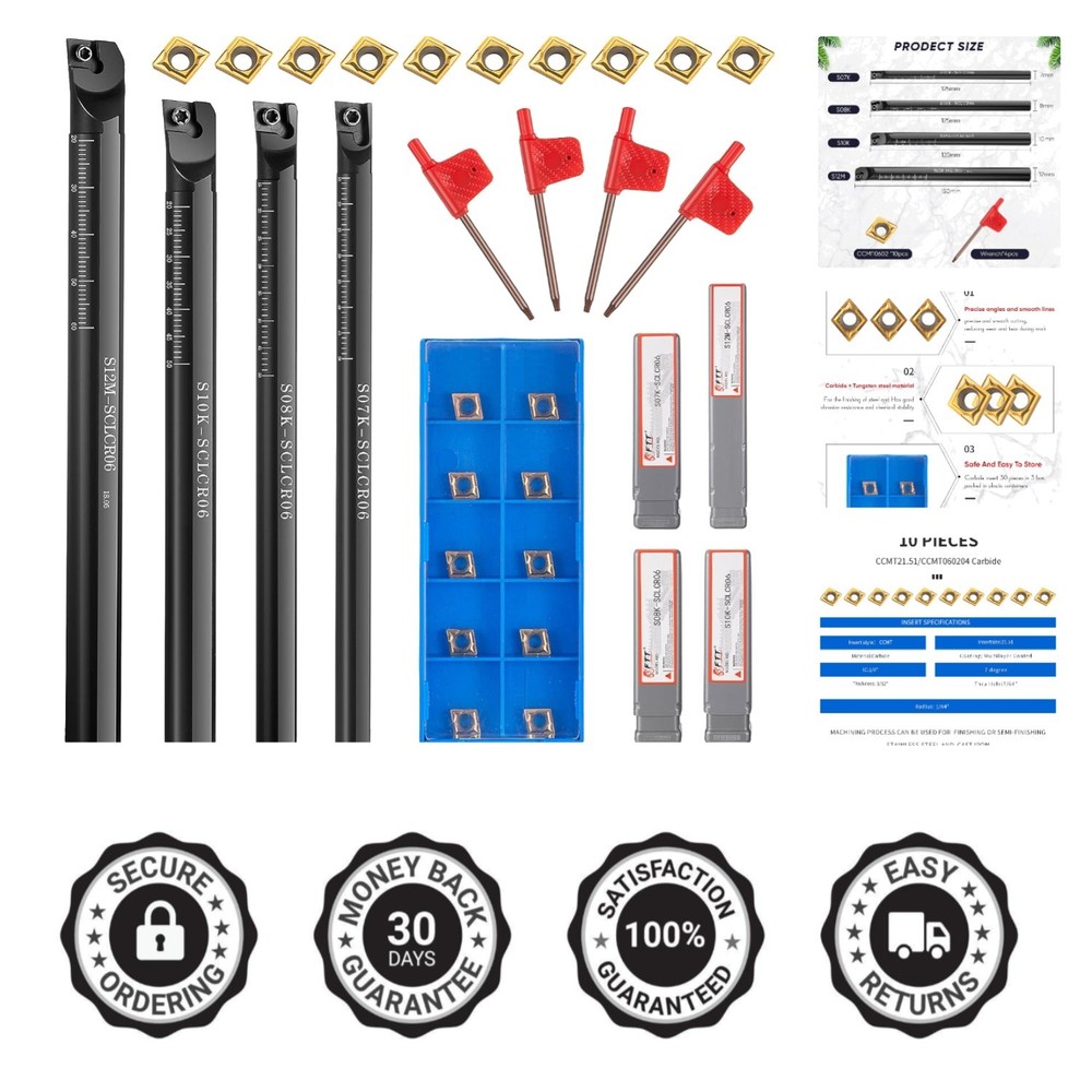 Professional Lathe Boring Set: 4 Holders & 10 Durable Carbide Inserts Included