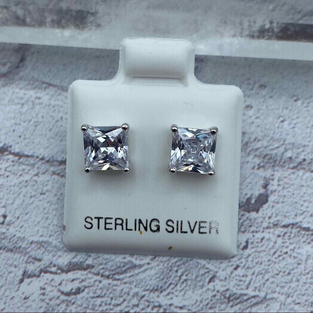 Sterling Silver 6mm Square Clear CZ Stud Earrings
