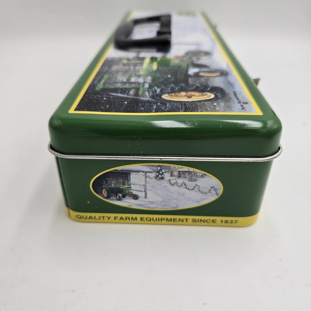 John Deere Winter Scene Licensed Long Tin Snap Lock Shut Utility Toolbox Vintage