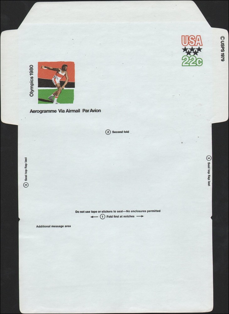 US #UC52 Aerogramme, 22c, Olympics 1980, unfolded