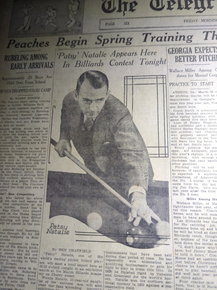 MAR 19, 1937 NEWSPAPER #2169- "PATSY" NATALIE, POCKET BILLIARDS PLAYER