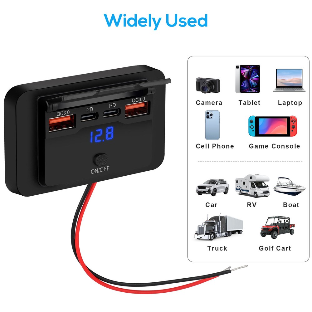 Fast USB Car Charger Socket Panel LED Voltmeter QC3.0 & PD Power Outlet 12-24V