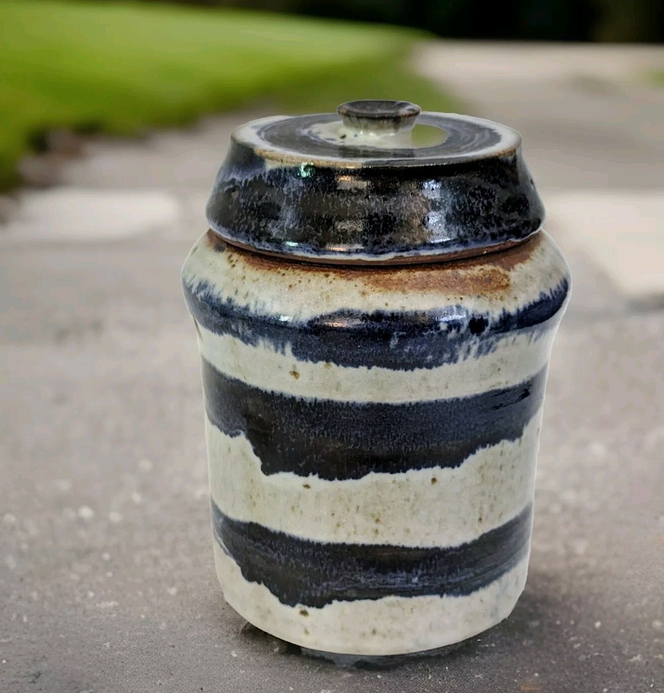 Vintage Studio Pottery Lidded Jar Stoneware Blue Stripe 1995 Signed Marked 6¼ in