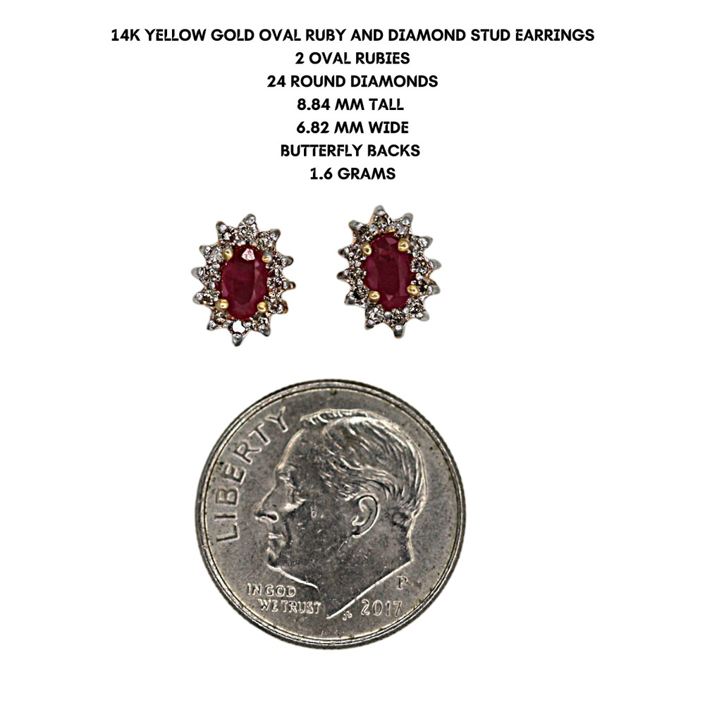 14K Yellow Gold Oval Natural Ruby and Diamond Stud Earrings
