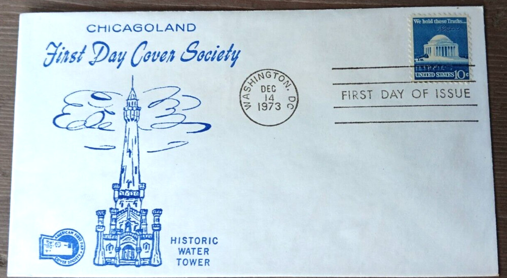 THOMAS JEFFERSON MEMORIAL 1973 CHICAGOLAND WATER TOWER AFDCS CACHET FDC  UNADDR