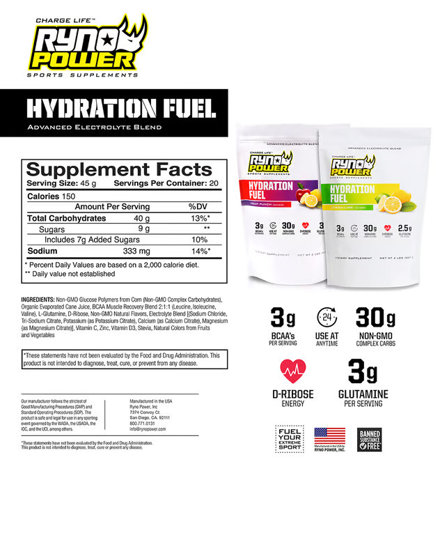 Ryno Power Hydration Fuel - Lemon Lime Flavor - Single Serving SMP-HYD-LL