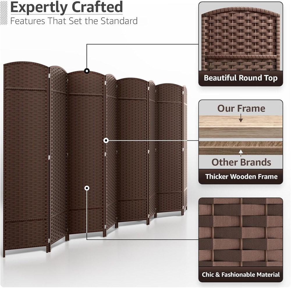 8 Panel Room Divider 6 Ft. Tall - Privacy Screen, Extra Wide Double Hinged Panel