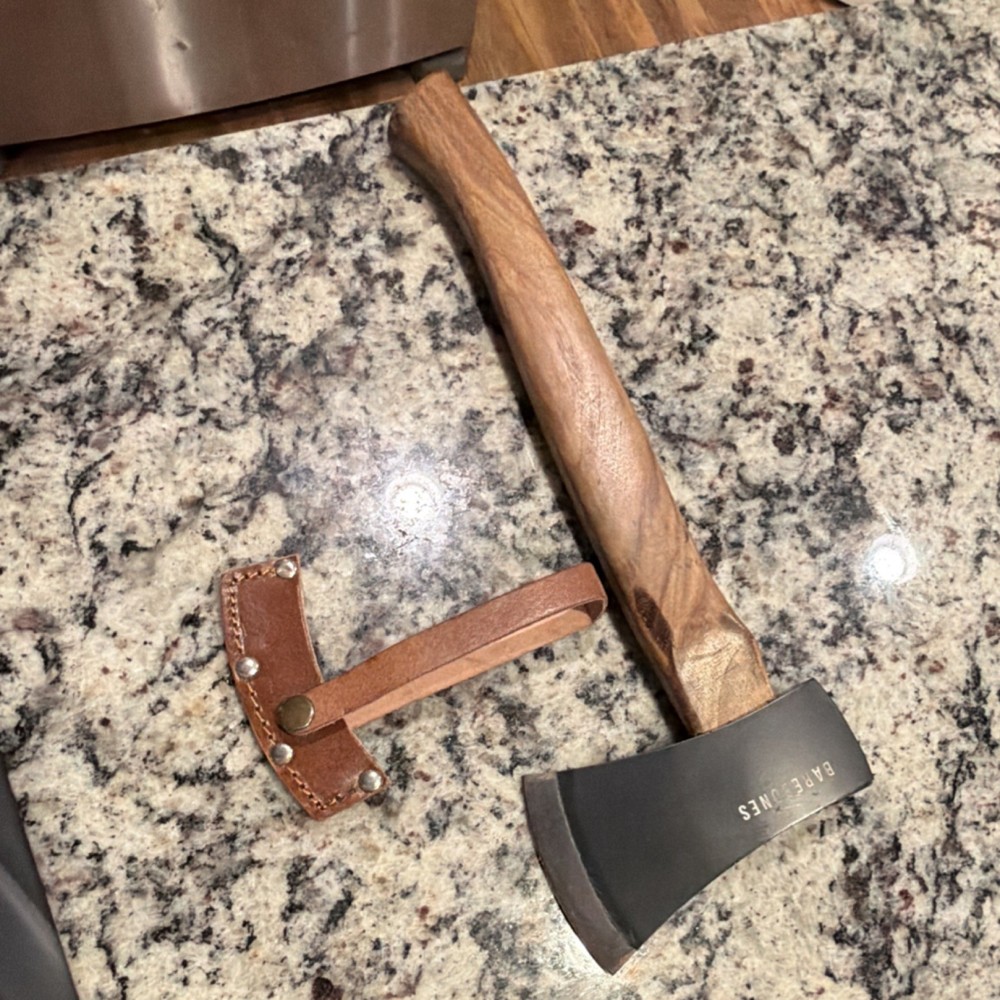 Barebones Hatchet Wood Handle Blade Guard Leather Sheath Brown Black