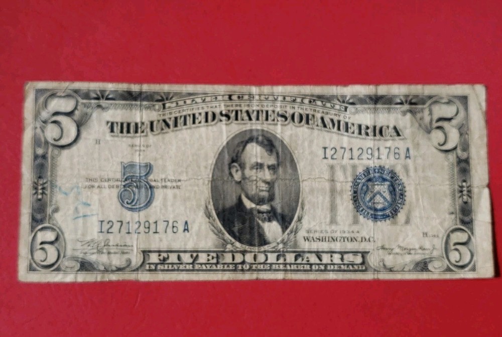 1934 A Five Dollar ($5) Bill Silver Certificate Average Circulated