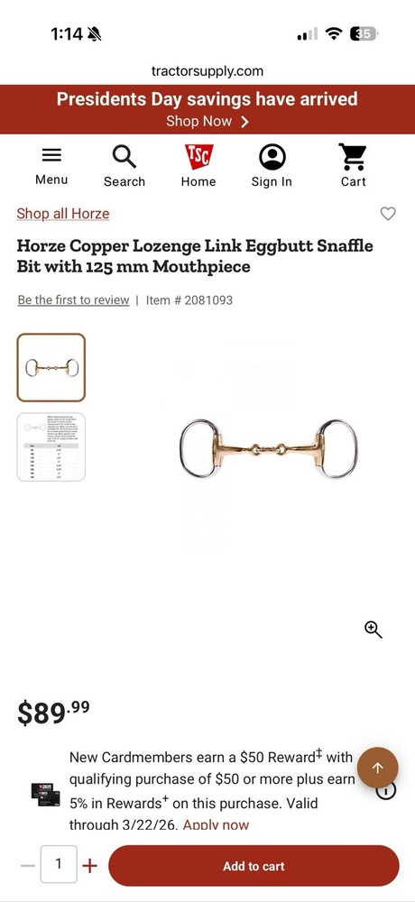 Horze Copper Lozenge Link Eggbutt SnaffleBit with 125 mm Mouthpiece