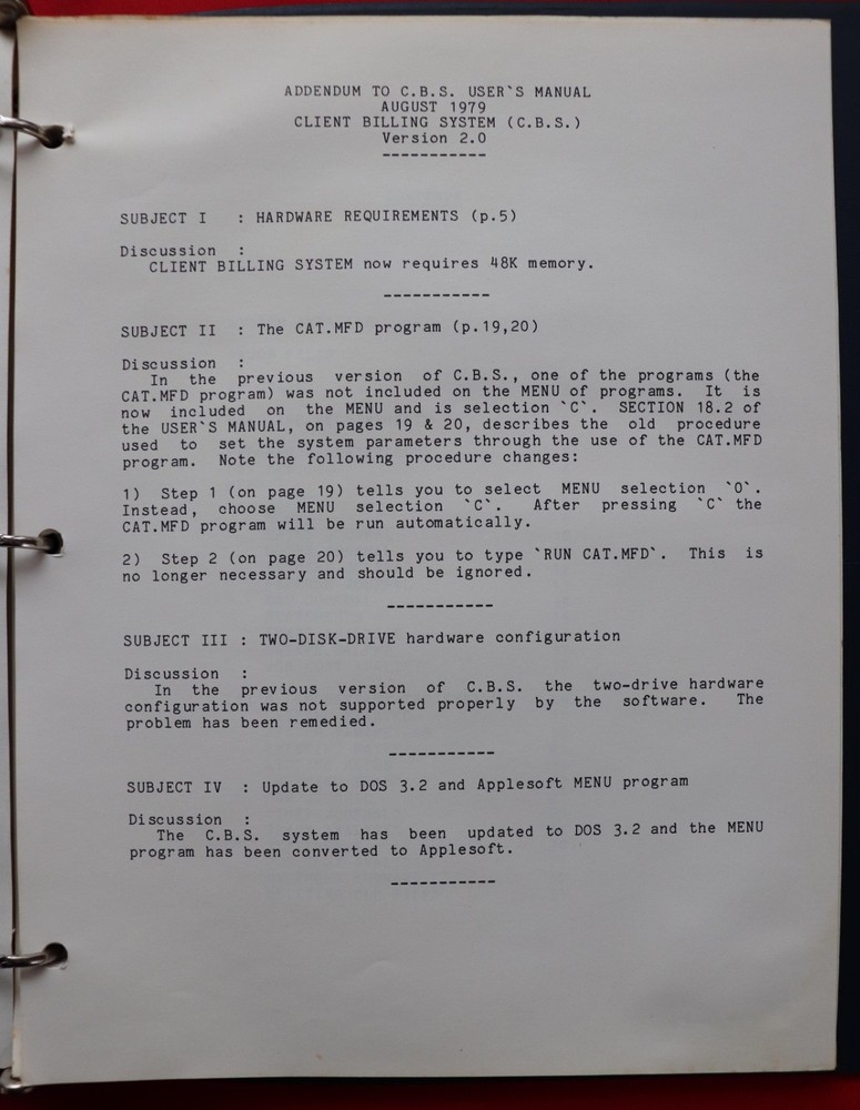 VINTAGE HIGH TECHNOLOGY CLIENT BILLING SYSTEM SOFTWARE FOR THE APPLE II, 1979